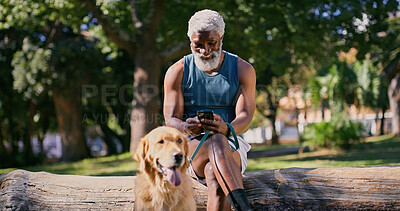 Buy stock photo App, dog walking and phone with black man in park for cardio exercise, fitness or health hobby. Obedience, pet performance and smile of mature animal owner in nature for communication or workout