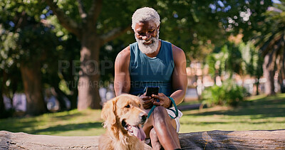 Buy stock photo Break, dog walking and phone with  black man in park for cardio exercise, fitness or health hobby. Obedience, pet performance and training with mature animal owner in nature for rest from workout