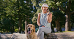 Break, dog walking and phone call with woman in park for cardio exercise, fitness or health hobby. Obedience, pet training and talking with mature animal owner outdoor in nature for summer workout