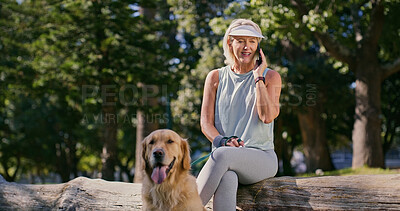 Buy stock photo Break, dog walking and phone call with woman in park for cardio exercise, fitness or health hobby. Obedience, pet training and talking with mature animal owner outdoor in nature for summer workout