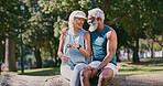 Happy, hug and mature couple on break, fitness and relax in summer, exercise and bonding of people. Park, embrace and woman with smile for man, date and sportswear for workout, romance and outdoor