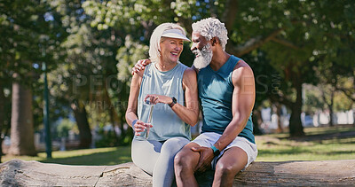 Buy stock photo Happy, hug and mature couple on break, fitness and relax in summer, exercise and bonding of people. Park, embrace and woman with smile for man, date and sportswear for workout, interracial or outdoor