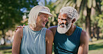 Fitness, hug and laughing with mature couple in park together for exercise, running or training. Break, rest or water with interracial man and woman outdoor for cardio, health or wellness activity
