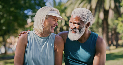 Buy stock photo Fitness, hug and laughing with mature couple in park together for exercise, running or training. Break, rest or water with interracial man and woman outdoor for cardio, health or wellness activity