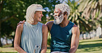 Fitness, hug and rest with mature couple in park together for exercise, running or training. Break, laughing or water with interracial man and woman outdoor for cardio, health or wellness activity