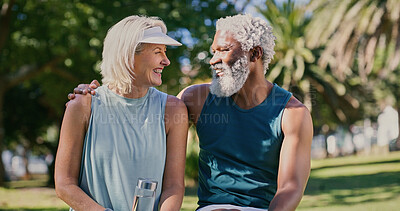 Buy stock photo Fitness, hug and rest with mature couple in park together for exercise, running or training. Break, laughing or water with interracial man and woman outdoor for cardio, health or wellness activity