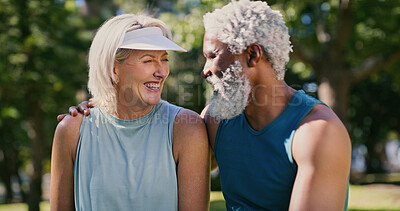 Buy stock photo Fitness, hug and love with mature couple in park together for exercise, running or training. Break, laughing or smile with interracial man and woman outdoor for cardio, health or wellness activity