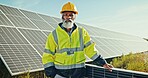 Black man, portrait and solar panel at farm, energy saving and supervisor for panel maintenance. Mature person, renewable power supply and outdoor for ecology project, safety helmet and grid system