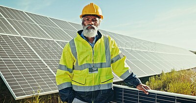 Buy stock photo Black man, portrait and solar panel at farm, energy saving and supervisor for panel maintenance. Mature person, renewable power supply and outdoor for ecology project, safety helmet and grid system