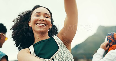 Buy stock photo Woman, portrait and dancing on beach outdoor with energy, movement and vacation reunion for rave festival. Group, friends and rhythm at island party, summer freedom and bonding together with travel 