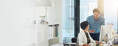 Buy stock photo Team, help and business people with manager on computer for advice, feedback and training in office. Planning, mentor and coaching intern in meeting with discussion or learning space on banner