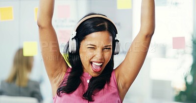 Buy stock photo Business, woman and headphones with dancing in office for audio playlist, music track and work break. Creative employee, energy and singing at desk for entertainment, streaming sound and album song