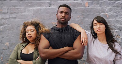 Buy stock photo Hip hop, portrait and serious with dancer people outdoor together on wall background for choreography. Artistic, creative and swag with confident group of dancing friends in city for performance