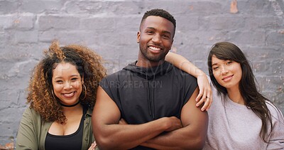 Buy stock photo Hip hop, portrait and smile with dance crew outdoor together on wall background for choreography. Artistic, creative and swag with group of happy dancer friends in city for performance rehearsal