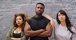 Attitude, hip hop and portrait with dance crew outdoor together on wall background for choreography. Artistic, creative and swag with group of serious dancer people in city for performance rehearsal