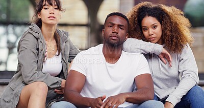 Buy stock photo Portrait, confidence and group of students on steps with attitude, opportunity or solidarity at dance academy. Diversity, man and women on campus with teamwork, creativity and friends at university