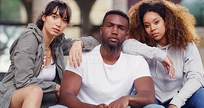 Buy stock photo Portrait, confidence and friends on campus with proud attitude, opportunity or solidarity at dance academy. Diversity, man and women with teamwork, creative style and serious students at university