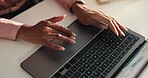 Hands, report and woman in office with laptop, market research or web review for online project stats. Proposal, data analysis and businesswoman at desk writing email, ideas or business intelligence
