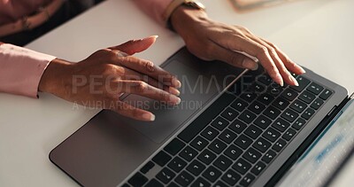 Buy stock photo Hands, report and woman in office with laptop, market research or web review for online project stats. Proposal, data analysis and businesswoman at desk writing email, ideas or business top view