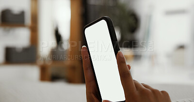 Buy stock photo Relax, reading and hands with phone screen in home with online blog for global bulletin update. Cellphone, propaganda and person with mobile app for international breaking news announcement in house.