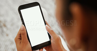 Buy stock photo Phone screen, reading and hands of woman in home with online blog for global bulletin update. Cellphone, relax and female person with mobile app for international breaking news announcement in house.