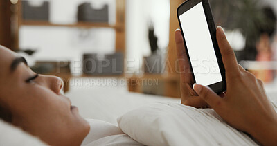 Buy stock photo Phone screen, breaking news and woman in home reading online blog for global bulletin update. Cellphone, bed and female person with mobile app for international propaganda announcement in house.