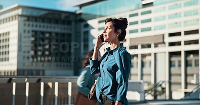 Buy stock photo Business, phone call and vision with woman in city for communication, conversation or negotiation. Discussion, mobile planning and thinking with professional mature employee outdoor in urban town
