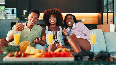 Buy stock photo Relax, watching tv and friends laugh in home for talking, bonding or funny portrait. Living room, group or happy people streaming television show, comedy movie or social gathering with food or drinks