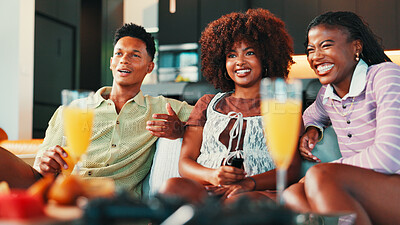 Buy stock photo Drinks, watching tv and friends in home for relax, laughing and bonding with drama. Living room, group and happy people streaming television show for entertainment, comedy movie and social gathering