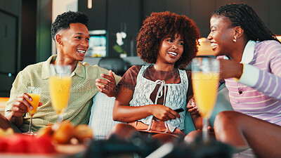 Buy stock photo Drinks, watching tv and friends laugh in home for relax, talk and bonding with drama. Living room, group and happy people streaming television show for entertainment, comedy movie or social gathering