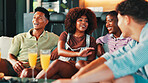 Talking, watching television and friends in home for relax, laughing and bonding together. Living room, group and people streaming tv for entertainment, comedy movie and social gathering with drinks