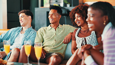 Buy stock photo Party, watching tv and friends in home for relax, laughing and bonding with drinks. Living room, group and happy people streaming television for entertainment, comedy movie and social gathering