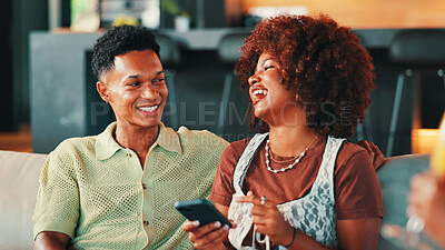 Buy stock photo Home, love and couple laughing with smartphone for social media, reading comments and gossip on sofa. House, people and conversation with mobile for application, meme website or relax in living room