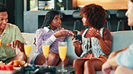 Home, talking and friends with smartphone for social media, reading comments and birthday party on sofa. House, people and conversation with mobile for application, website chat and relax in lounge