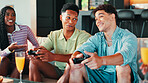 Home, friends and people on couch, video game and contest with happiness, bonding together and controller. Smile, entertainment and group with esports, relax and fun with online gaming and challenge