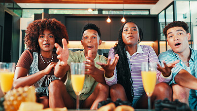 Buy stock photo Sports fans, watching tv and friends in home for relax together, competition or game. Living room, group and people streaming television for entertainment, match and tournament with drinks or food