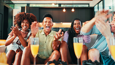 Buy stock photo Friends, happy and watching tv with celebration on sofa for match goal, football team support or applause. Drinks, people or excited for live streaming game with tournament passion or success in home