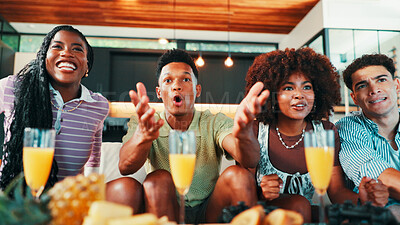 Buy stock photo Friends, people and watching tv with surprise on sofa for match suspense, football team support and happy. Snacks, group and excited for live streaming game with tournament event and passion in home