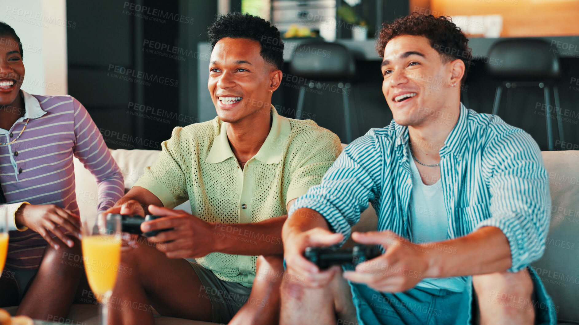 Buy stock photo Home, friends and people on sofa, video game and relax with happiness, bonding together and controller. Apartment, entertainment or group on couch, esports or fun with online challenge, play or smile