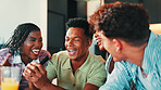 Karaoke, people and friends singing in home for celebration, laughing and bonding at social gathering. Singer, group and microphone in living room for song with music, entertainment and fun at party