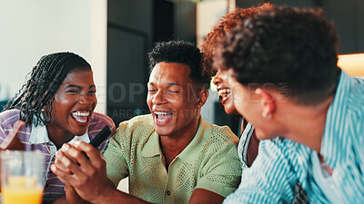 Buy stock photo Karaoke, people and friends singing in home for celebration, laughing and bonding at social gathering. Singer, group and microphone in living room for song with music, entertainment and fun at party
