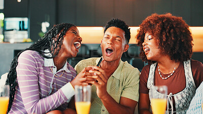 Buy stock photo Singing, karaoke and group of friends on sofa with mimosas on weekend for social event together. Music, fun and people with alcoholic drinks in living room with song, playlist or album in home.