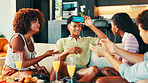 App, game and phone with friends in living room of home together for bonding or social gathering. Action, explain and guess with people acting in apartment for challenge, competition or reunion