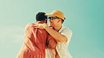 Smile, men and friends for hug outdoor for greeting, meeting and success of getaway vacation. People, sunglasses and embrace for reunion agreement, introductions and thank you of spring break holiday