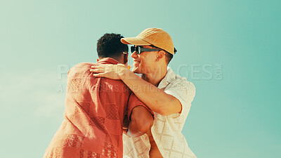 Buy stock photo Smile, men and friends for hug outdoor for greeting, meeting and success of getaway vacation. Below, people and blue sky with embrace of reunion agreement, introductions and thank you of holiday trip