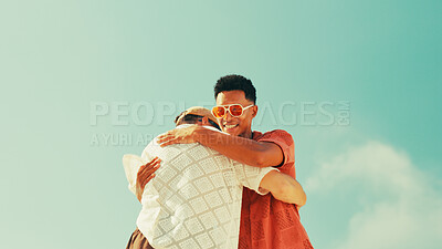 Buy stock photo Happy, men and friends for hug outdoor for greeting, meeting and hangout of getaway vacation. Below, people and welcome embrace for reunion agreement, introductions and thank you of spring break trip
