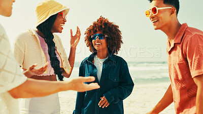 Buy stock photo Smile, talking and group of friends on beach for summer vacation, travel reunion and funny discussion. People, laughing and sunglasses for tropical holiday, bonding together and sea tourism on island