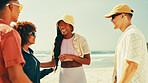 Happy, talking and group of friends on beach for summer vacation, travel reunion and funny discussion. People, laughing and sunglasses for tropical holiday, bonding together and sea tourism on island