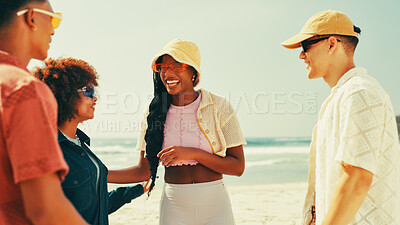 Buy stock photo Happy, talking and group of friends on beach for summer vacation, travel reunion and funny discussion. People, laughing and sunglasses for tropical holiday, bonding together and sea tourism on island