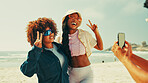 Happy, peace sign and friends on beach for picture on holiday, summer vacation and adventure in nature. Relax, emoji and girls hug for photo for social media, online post and memory on weekend at sea